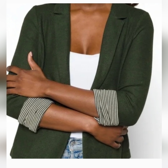 Skies Are Blue Green Cardigan Sweater with Striped Cuffs - Picture 1 of 8
